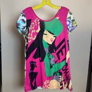 Vintage Custo Barcelona Y2K Pop Art Face Print Pink Graphic T-Shirt